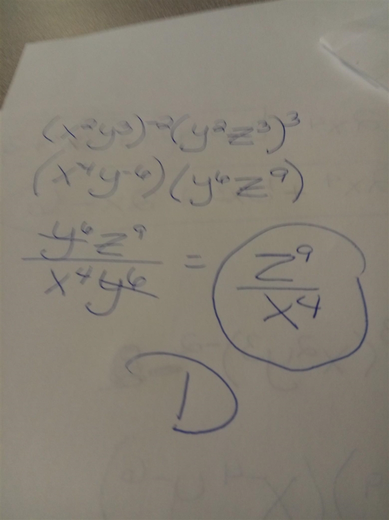 Which of these expressions is equivalent to (x^2 y^3)^-2(y^2 z^3)^3? A. z^9 y/x^4 B-example-1