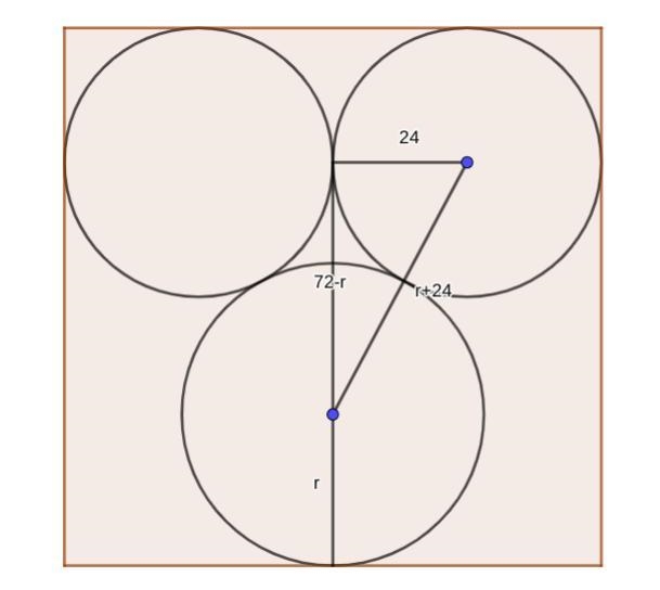 An abstract painting is a square of side 96 cm, and shows three circles that touch-example-1