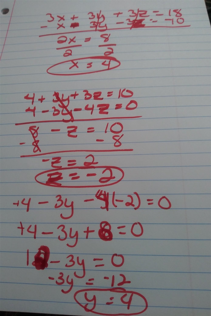 Find the solution to the system of equations 3x+3y+3z=18 x+3y+3z=10 x-3y-4z=0 a. x-example-1