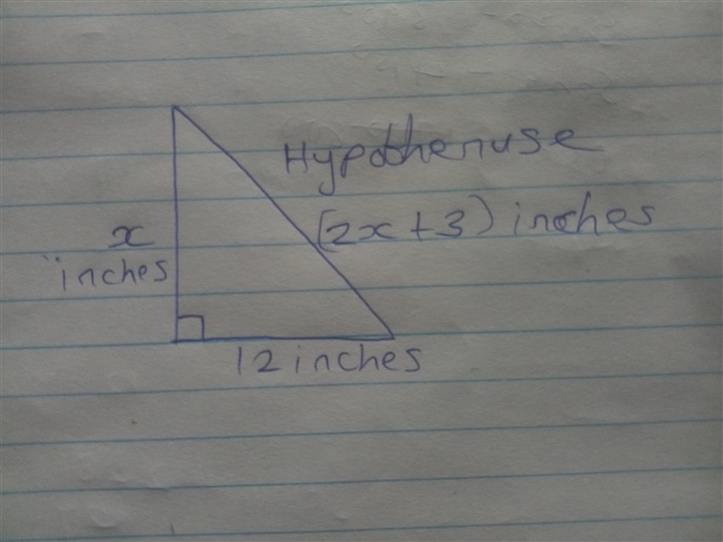 In a right triangle, the hypotenuse is three inches more than twice the length of-example-1