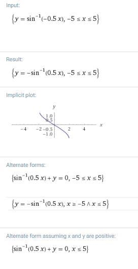 Graph y=sin^-1 (-1/2x) on the interval -5≤x≤5.-example-1