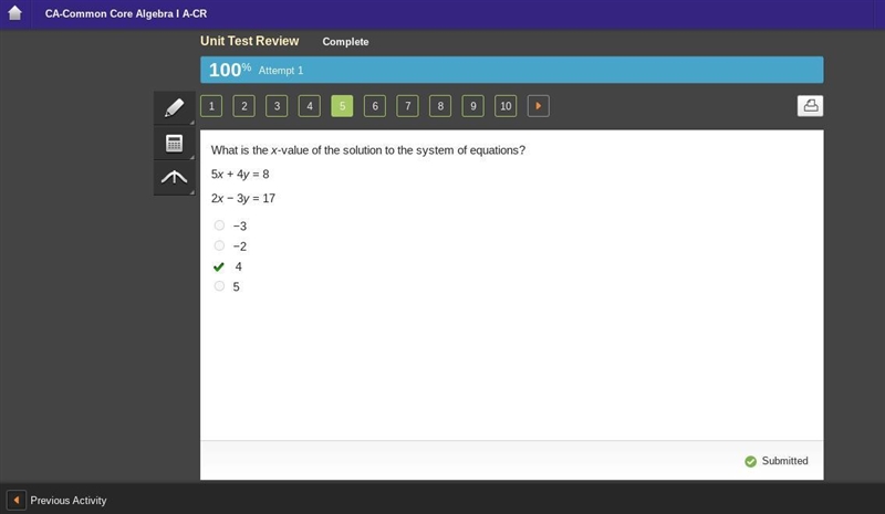 What is the x-value of the solution to the system of equations? 5х + 4y = 8 2x – Зу-example-1