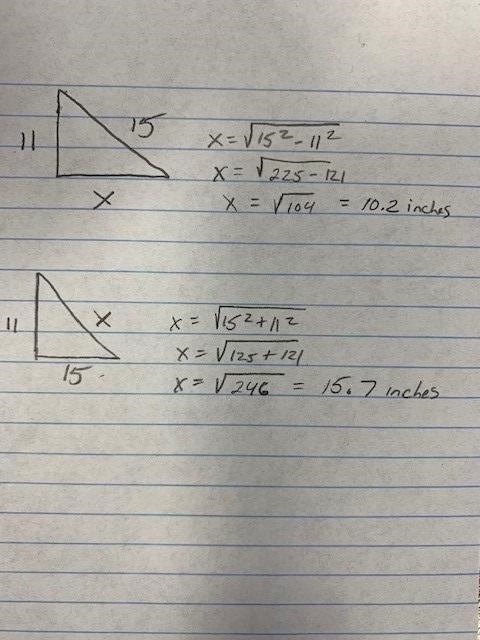 Two sides of a right triangle Measure 11 in and 15 in. Part A Use decimals rounded-example-1