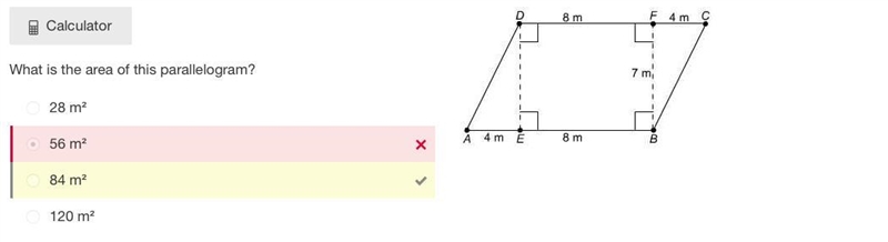 What is the area of this parallelogram? 28 m² 56 m² 84 m² 120 m²-example-1