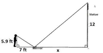 A 5.9-foot-tall-man stands near a 12-foot statue. The man places a mirror on the ground-example-1