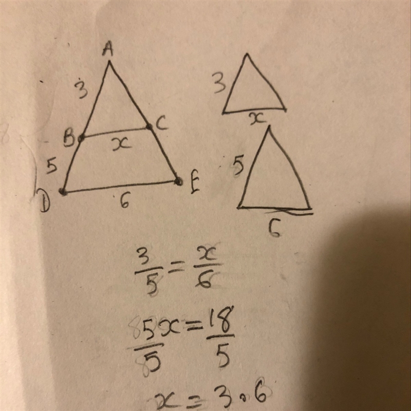 Help Fast If AB = 3, AD = 5, and DE = 6, what is the length of ? 3.5 3.6 3.4 4-example-1