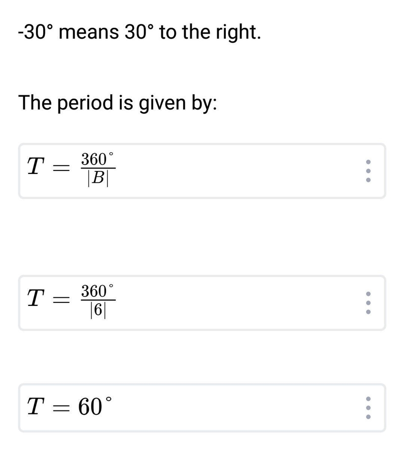 What is the phase shift and period for the function y = 3cos6(θ − 30°) + 4? Phase-example-2