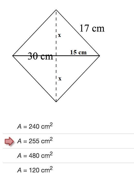 Identify the area of the rhombus. The answer with the red arrow is incorrect!-example-1