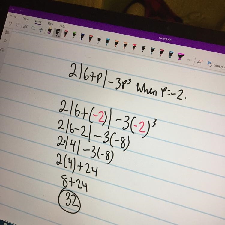 What is the value of 2|6+p|-3p^3 when p = -2 ? -32 -16 32 56-example-1