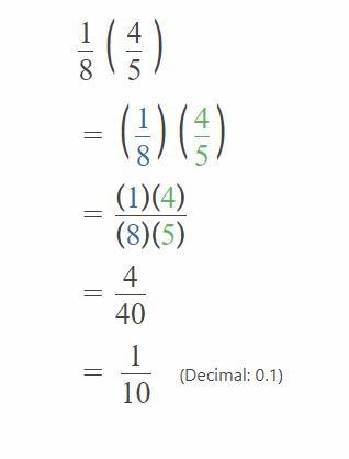 What is the product of the fractions below? 1/8 x 4/5 A. 4/13 B. 1/10 C. 1/8 D. 5/13-example-1