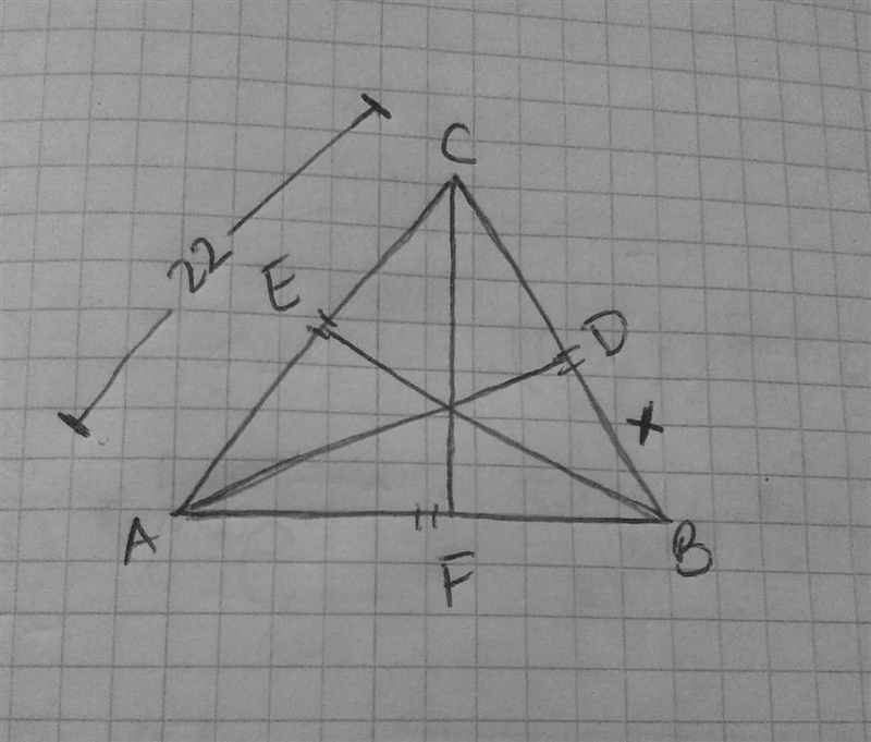 In equilateral ΔABC, AD, BE, and CF are medians. If AC = 22, then BD-example-1