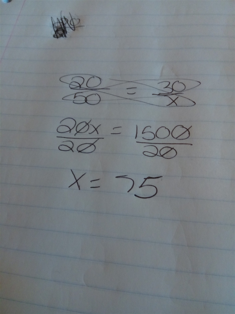 HELP PLEASE! Solve for x. 20 / 50 = 30 / x a) x = 12 b) x = 33.3 c) x = 60 d) x = 75-example-1