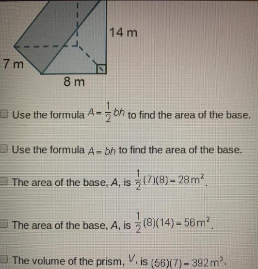 What steps should be taken to calculate the volume of the right triangular prism? Select-example-1