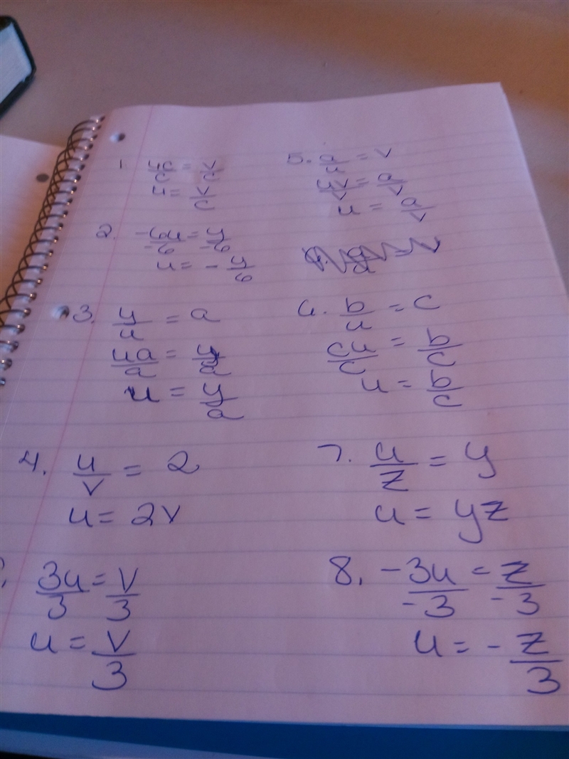 Rewrite these formulas: solve for u in terms of the other variables. 1. uc = v 2. y-example-1