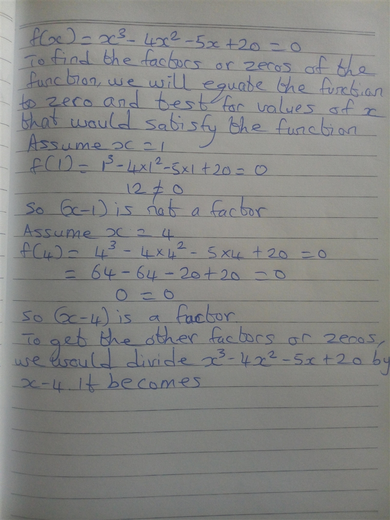 Which of the following represents the zeros of f(x) = x^3 − 4x^2 − 5x + 20? a. 4, −square-example-1