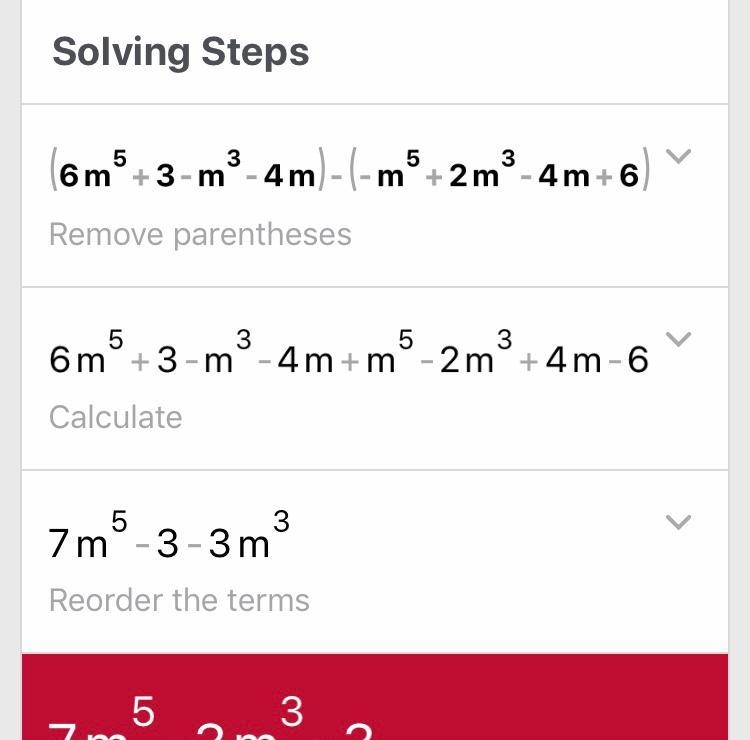 (6m5 + 3 – m3 – 4m) – (–m5 + 2m3 – 4m + 6)-example-1