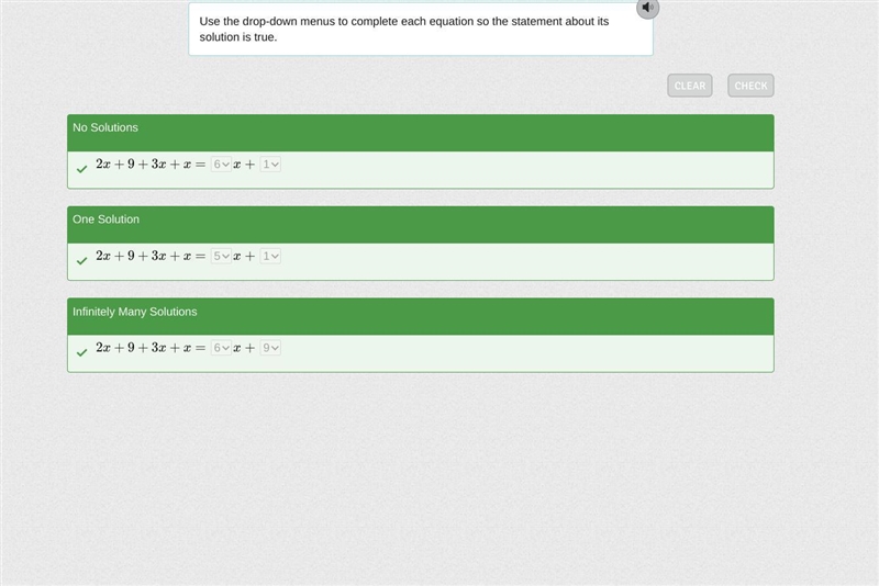 Use the drop-down menus to complete each equation so the statement about its solution-example-1