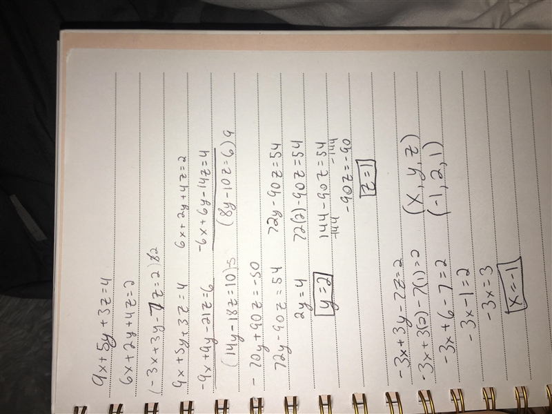 Solve 9x + 5y + 3z = 4 6x + 2y + 4z = 2 -3x + 3y – 7z = 2 (-1, 2, 1) (1, -1, 0) (4, 2, 2) (1, 2, -5)-example-1