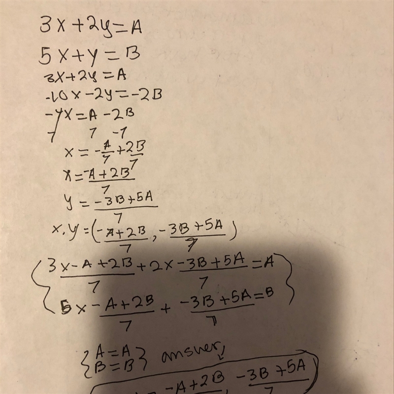 3x + 2y = A 5x + y = B Eliminating the variable y from the system of equations results-example-1