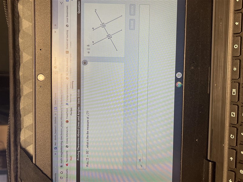 If m∠2=95°, what is the the measure of ∠7?-example-1