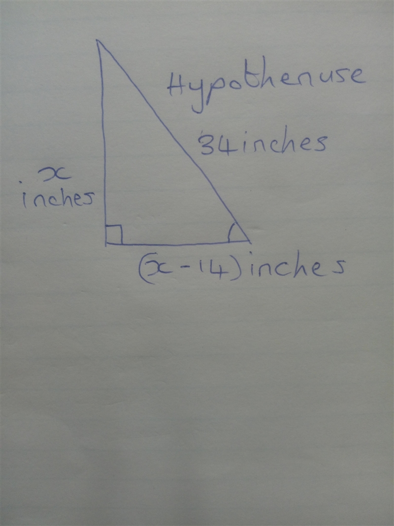 The hypoténuse of a right triangleis 34 in. One leg of the triangle is 14 inches less-example-1