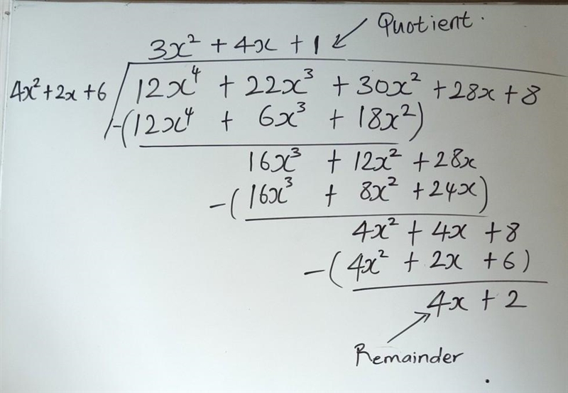 Determine the quotient, q(x), and remainder, r(x) when f(x) = 12x4 + 22x3 + 30x2 + 28x-example-1