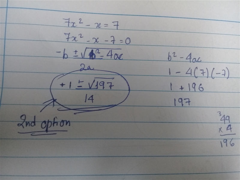 Using the quadratic formula to solve 7x2 – x = 7, what are the values of x?-example-1