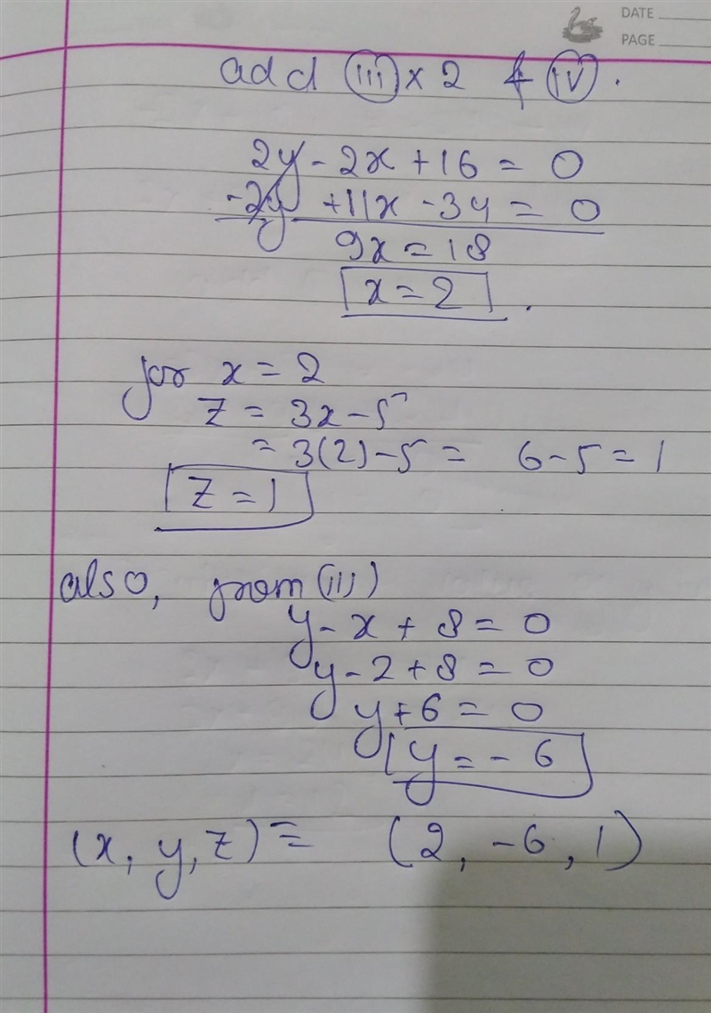 What is the solution to this system of equations? {2x+y−z=−3 5x−2y+2z=24 3x−z=5 (4, 1, 8) (2, −6, 1) (−1, 0, −8) (−5, 4, −3)-example-2