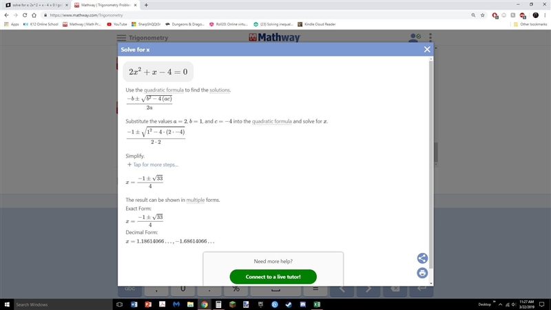 Solve for x: 2x^2 + x - 4 = 0 I got it wrong. I can't figure out the steps to get-example-1