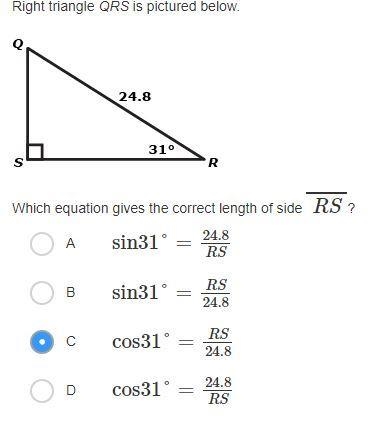 HURRY UP!!!Right triangle QRS is pictured below. Which equation gives the correct-example-1