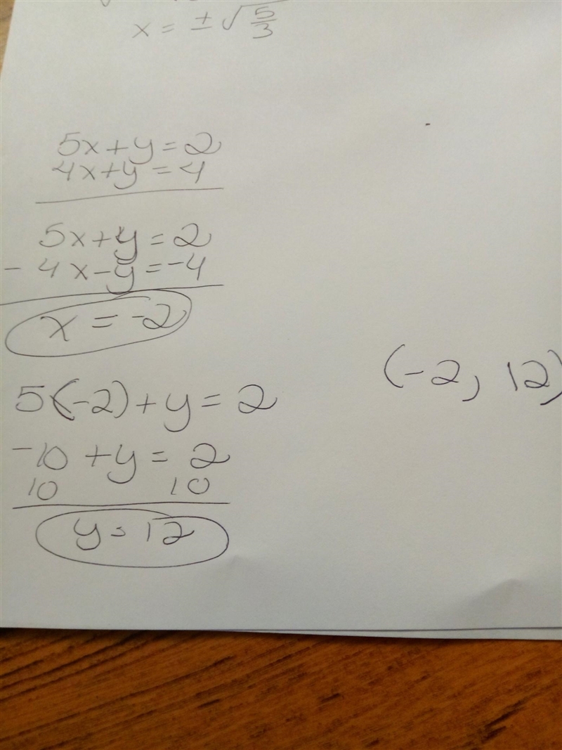 Solve. {5x+y=2 {4x+y=4 Use the linear combination method. (1, −8) (0, 2) (−2, 12) (−3, 17)-example-1