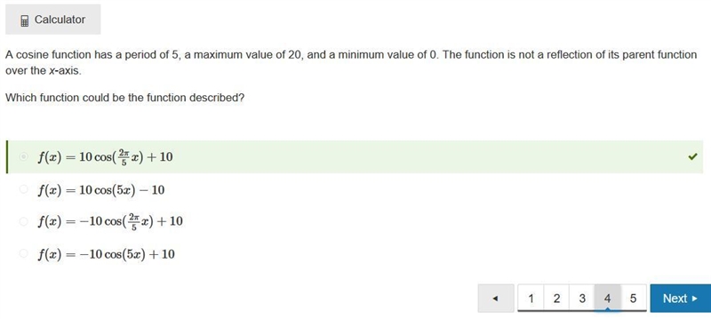 A cosine function has a period of 5, a maximum value of 20, and a minimum value of-example-1