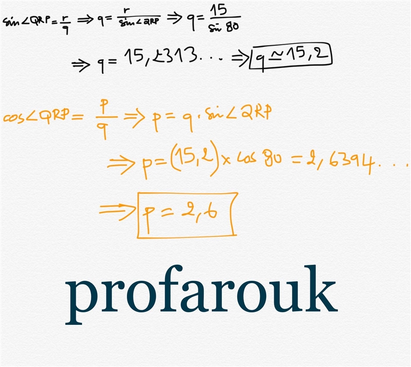 Solve by using the measurements ∠PQR = 90°, ∠QRP = 80°, and r = 15. Round measures-example-1