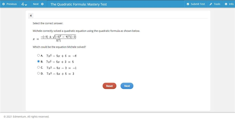 Michele correctly solved a quadratic equation using the quadratic formula as shown-example-1