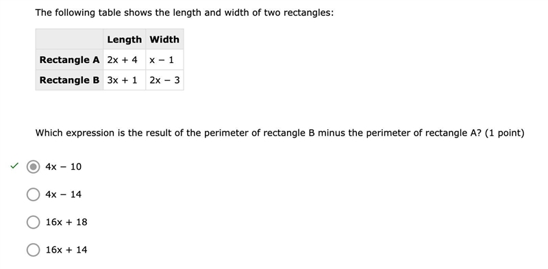 The following table shows the length and width of two rectangles: Length Width Rectangle-example-1