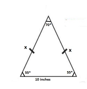 An isosceles triangle has angle measure 55,55 and 70 the side across from 70 angle-example-1