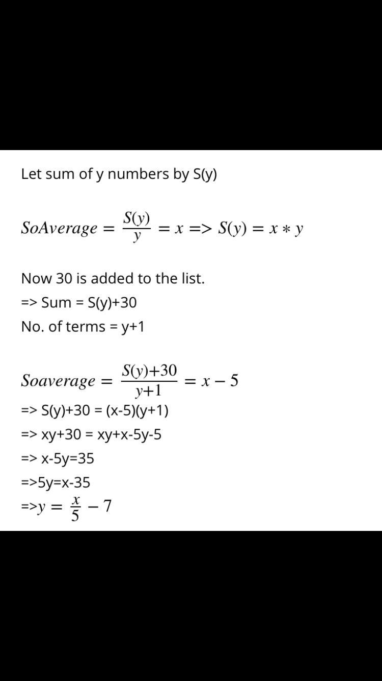 The average (arithmetic mean) of y numbers is x. If 30 is added to the set of numbers-example-1