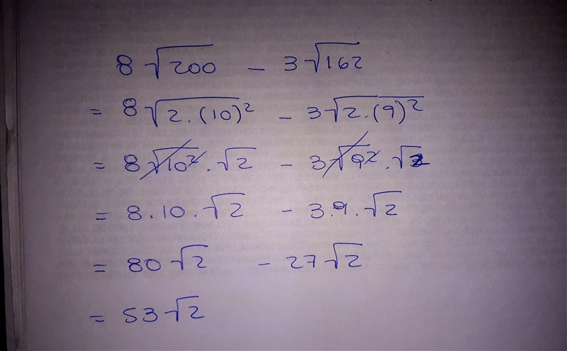 Can someone pls help me with my math homework? Simplify 8 sqrt 200 - 3 sqrt 162-example-1