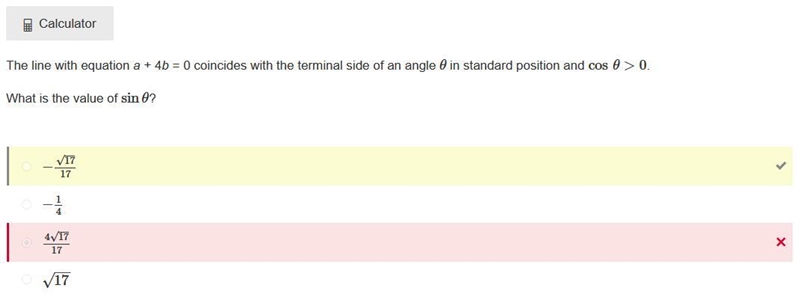 The line with equation a + 4b = 0 coincides with the terminal side of an angle θ in-example-1