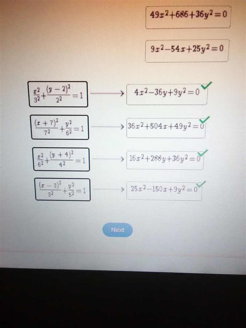 Match the equations of ellipses to their equivalent equations in standard form.-example-1