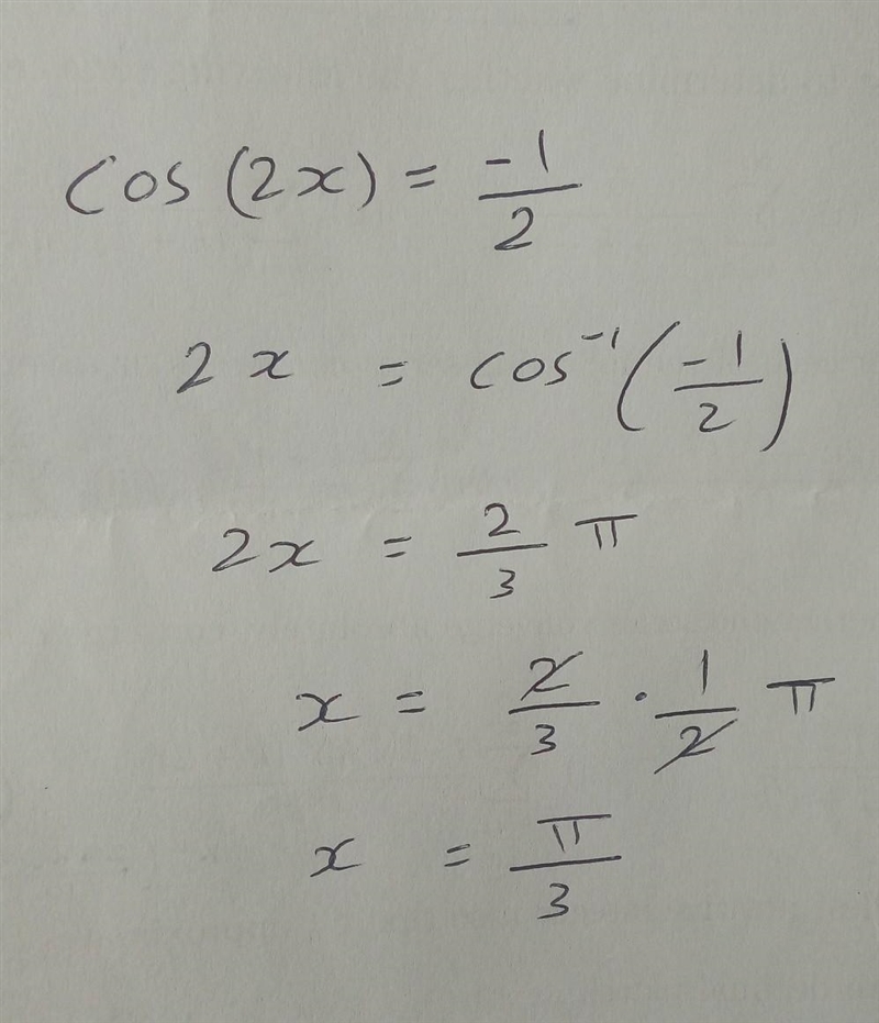 Solve for x: 2cos(2x)= -1 This is for my Trigonometry class. Thanks in advance!-example-1