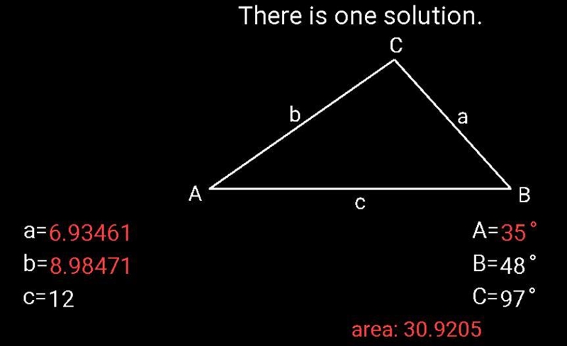 Two angles of a triangle measure 48° and 97°. If the longest side is 12 cm, find the-example-1