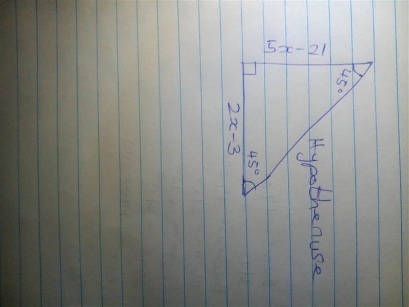 In an isosceles right triangle, the length of one leg can be represented by the expression-example-1