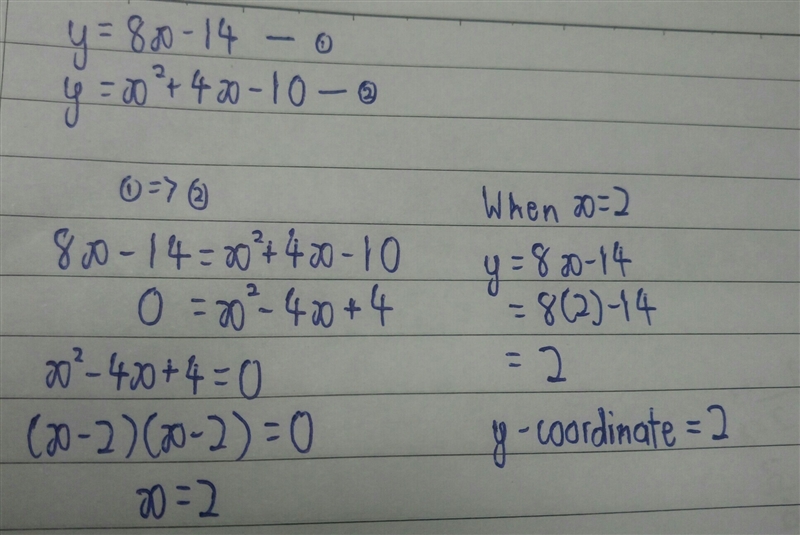 This system has one solution. What is the y-coordinate of the solution? Y= 8x - 14 Y-example-1