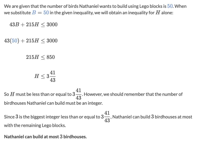 Nathaniel builds birds and birdhouses using Lego blocks. Let B represent the number-example-1