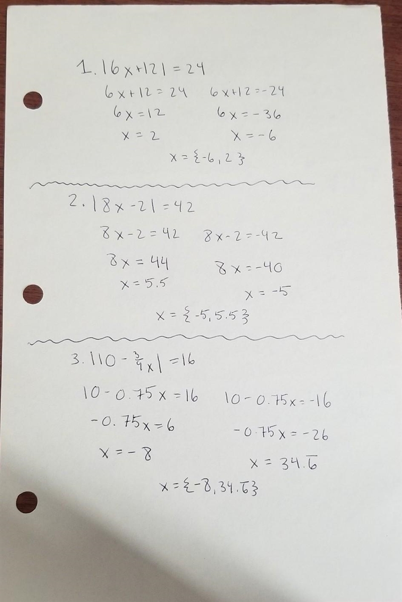 SOLVING ABSOLUTE VALUE 1. [6X + 12 ] = 24 2. [ 8X - 2 ] = 42 3. [ 10 - 3/4 X ] =16 4. [6 -2X-example-1