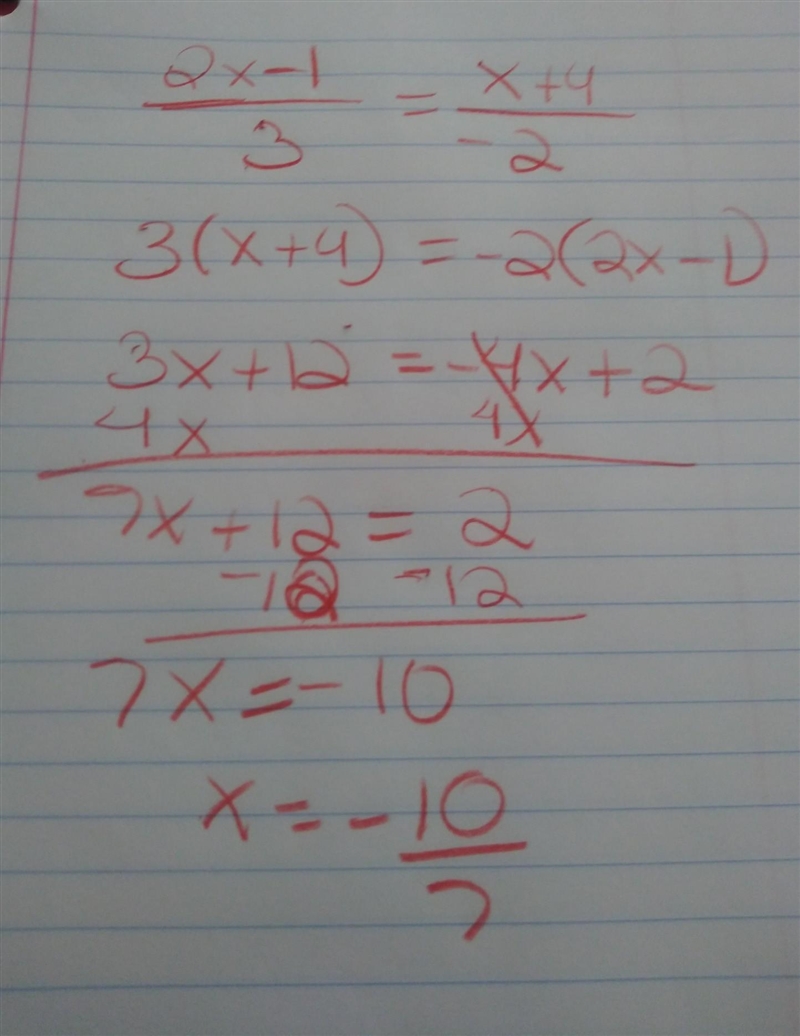 Solve for x: (2x-1)/3 = (x+4)/-2-example-1