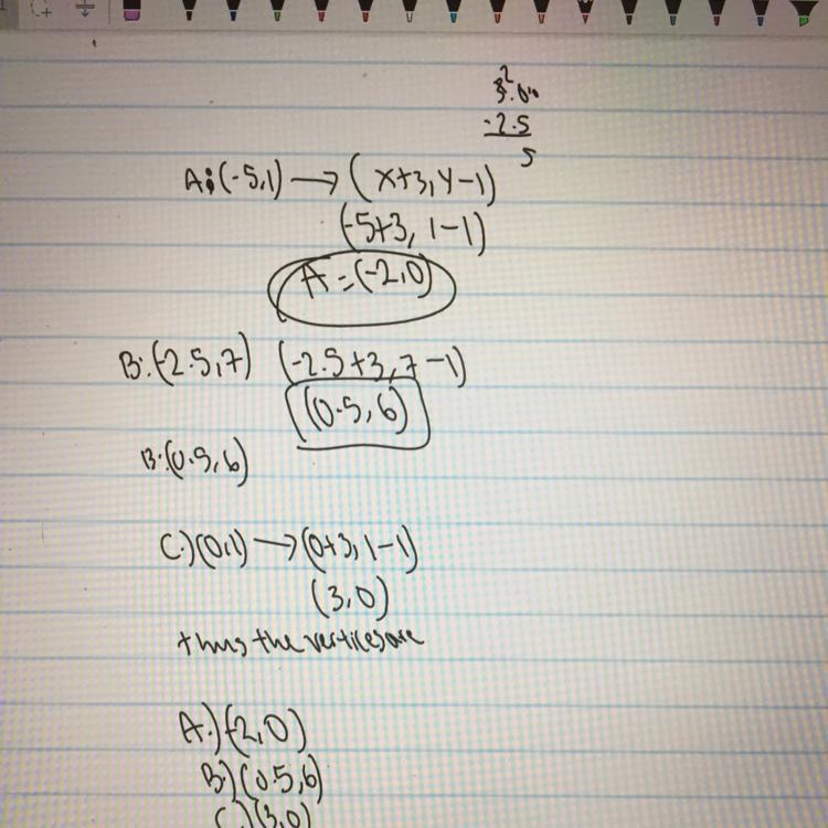 The vertices of triangle ABC are A(−5, 1), B(−2.5, 7), and C(0, 1). Find the new coordinates-example-1