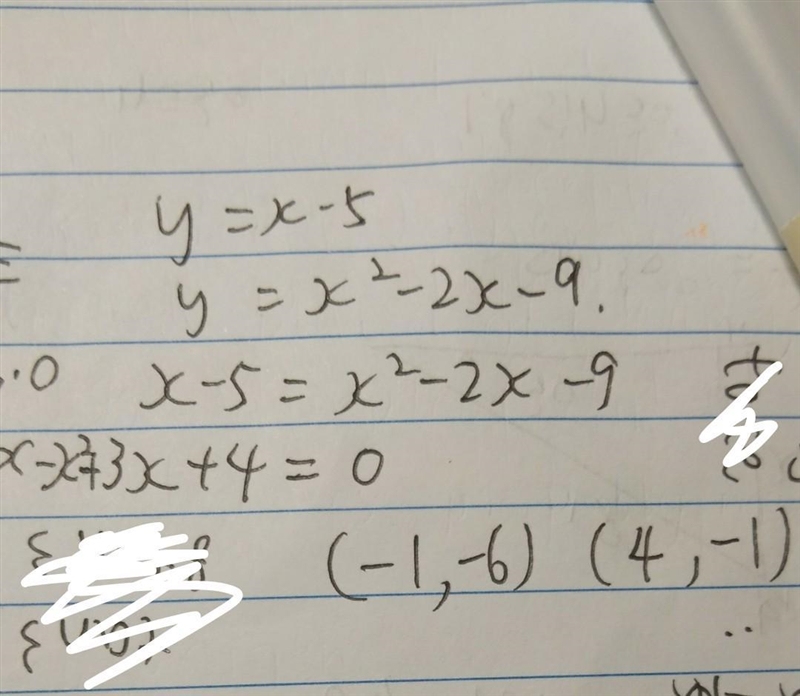 Solve the system of equations. y=x−5 y=x^2−2x−9 Enter your answers in the boxes. ( , ) or-example-1