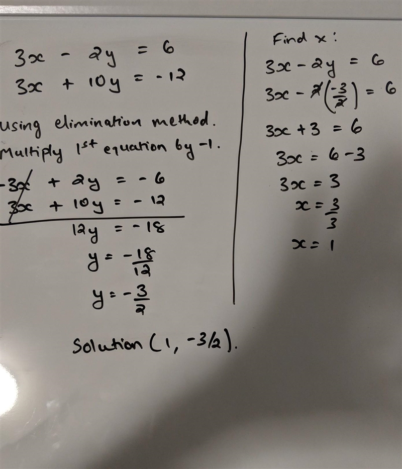 3x − 2y = 6 3x + 10y = −12 Find the common x and y.-example-1